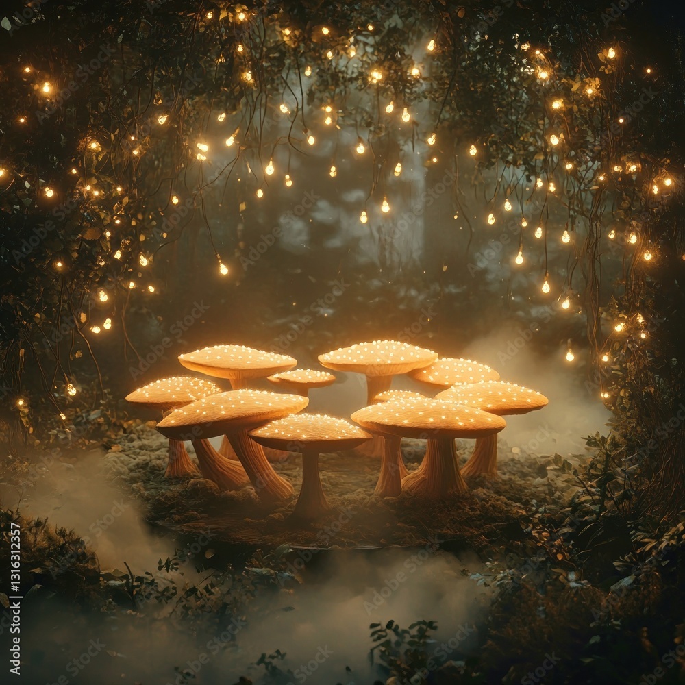 Poster enchanted forest with glowing mushrooms and magical string lights creating a whimsical atmosphere in