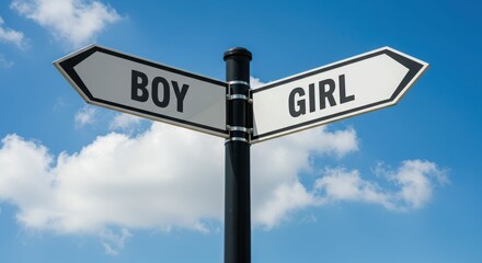 Fototapeta premium Boy and girl directional signpost against blue sky with clouds