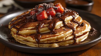 Fluffy golden pancakes, adorned with a generous drizzle of chocolate, creating a harmonious blend of sweet and savory flavors.