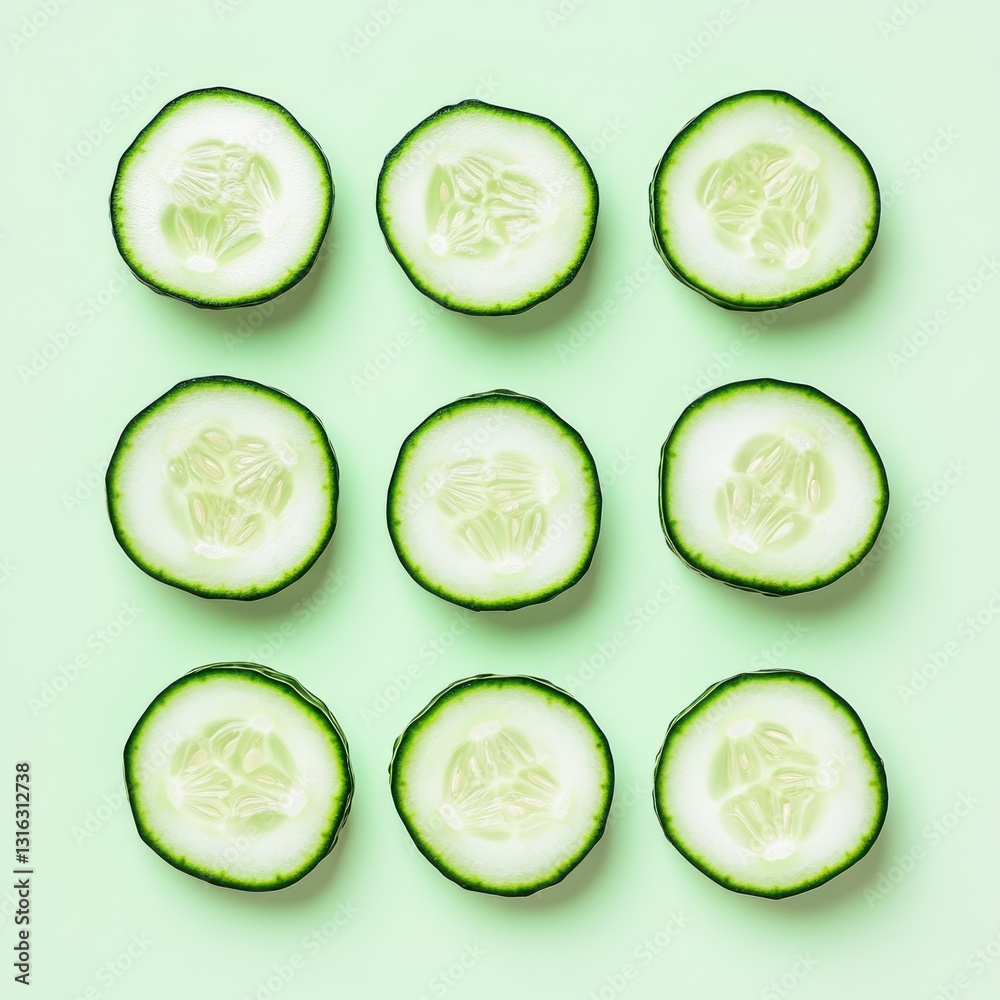 Aufkleber Fresh cucumber slices arranged in pattern on light green backdrop captures healthy diet and ingredient idea