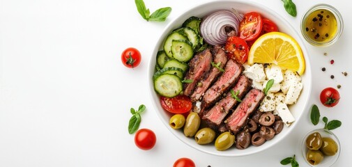 Mediterranean bowl with marinated lamb, feta cheese, green olives, pickled onions, and lemon slices, vibrant colors, top-down view, clean white background