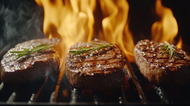 Juicy steaks sizzle on a grill, surrounded by flames and smoke, creating a mouthwatering and appetizing scene.