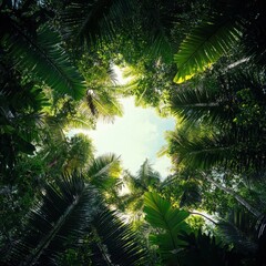 Obraz premium Tropical Rainforest Canopy Looking Up Through Palm Trees to the Sky