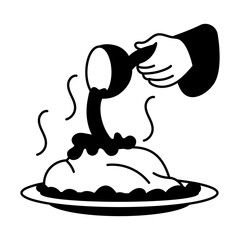 A hand pouring gravy on chicken, doodle style illustration 
