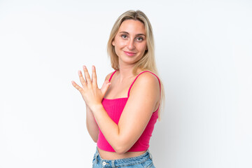 Young caucasian woman isolated on white background scheming something