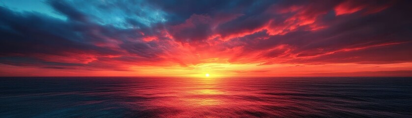 Obraz premium A breathtaking aerial view captures a stunning sunset over the vast ocean, where the sky is ablaze with vibrant shades of orange, blending seamlessly into soft pinks and purples.