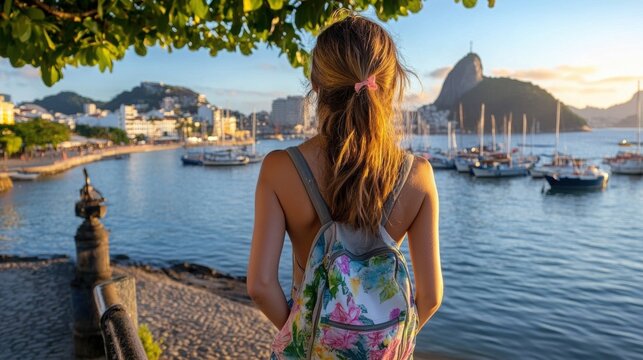 Young Brazilian woman enjoying sunset at Mureta Da Urca 