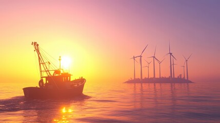 Obraz premium Fishing Boat Sailing Towards Windmills At Sunset