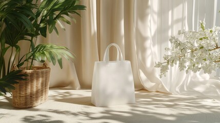 White Tote Bag in Sunlit Room with Plants