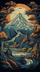 Fantastical Old World Illustration with Mountains in the Background Featuring Vibrant Reefwave Patterns and Sublime Colors