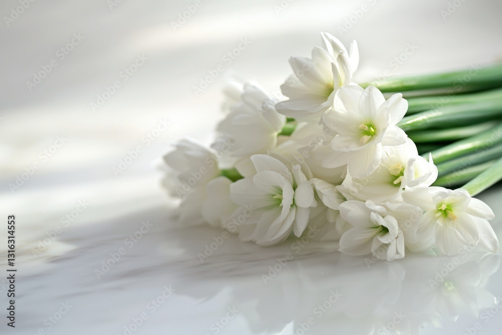 Poster Delicate White Daffodils on Marble Surface Capturing Subtle Light Play and Soft Shadows for Stock Use