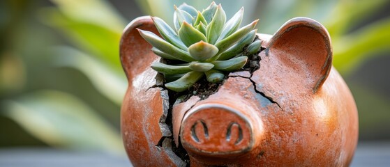 Cracked Piggy Bank Planter: Succulent Growth 
