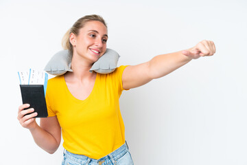 Woman with Inflatable Travel Pillow giving a thumbs up gesture