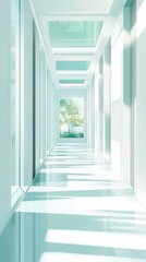 Obraz premium A long corridor with windows overlooking a verdant landscape
