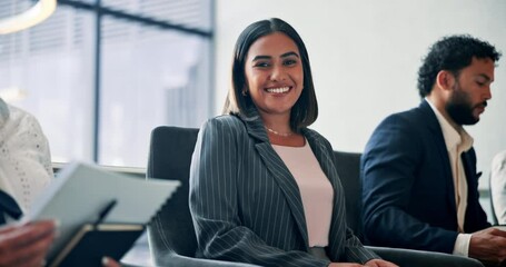 Face, business and woman with smile in interview for hiring, b2b preparation and human resources. People, happy and row for recruitment process, resume and audience for job application of opportunity