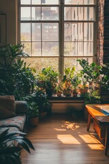 Elegant living room bathed in natural light, featuring large windows and stunning decor for a cozy ambiance.