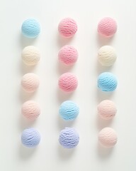 Pastel Ice Cream Scoops Array on White Background, Top View