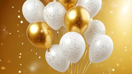 Festive Background Featuring Gold and White Balloons with Shimmering Confetti Perfect for Celebrations and Special Occasions