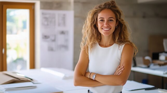 Happy female architect standing in her office with crossed arms 