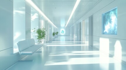 Modern minimalist hallway featuring white walls and ambient soft lighting