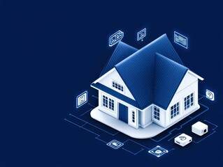 Modern smart home illustration with digital connectivity and technology elements