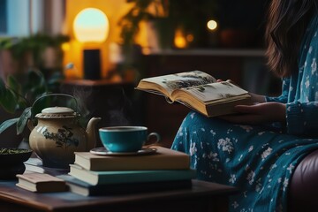 A lifestyle blogger styling a cozy setup with books, tea, and ambient lighting.
