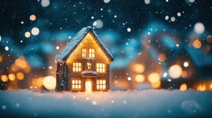 Fototapeta premium Cozy Christmas Illuminated Miniature House in Winter Snowfall with Warm Golden Light.