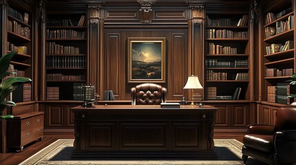  A large, dark wooden desk is situated in the center of an old-fashioned office, surrounded by bookshelves and leather chairs.