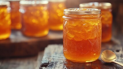A symphony of amber hues, mason jars brimming with vibrant marmalade, their contents glistening like miniature treasures. A single spoon, a golden sentinel, rests beside them, its presence a subtle
