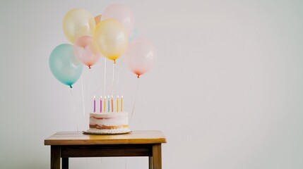Birthday cake with pastel balloons on wooden table. Celebration setup with candles and soft colors. Festive decor with pale pink and yellow hues. Minimalist party scene with light background