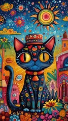 Obraz premium A decorated black cat wearing a hat in a vibrant colorful scene