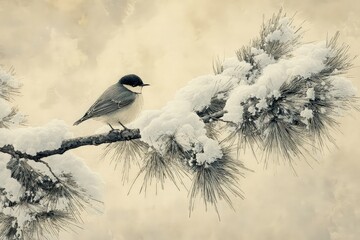 Obraz premium A lone bird sheltering under a snow-laden pine branch.