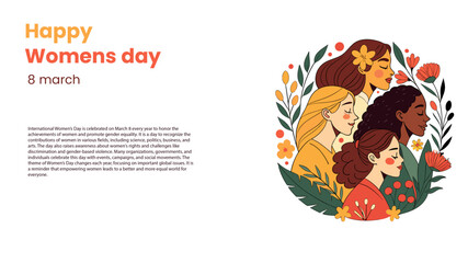 Obraz premium International Women's Day flyer. Banner for March 8 sale with floral decor and group of female character. Flat vector illustration