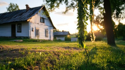 Fototapeta premium Old farmhouse with garlands at sunset. 