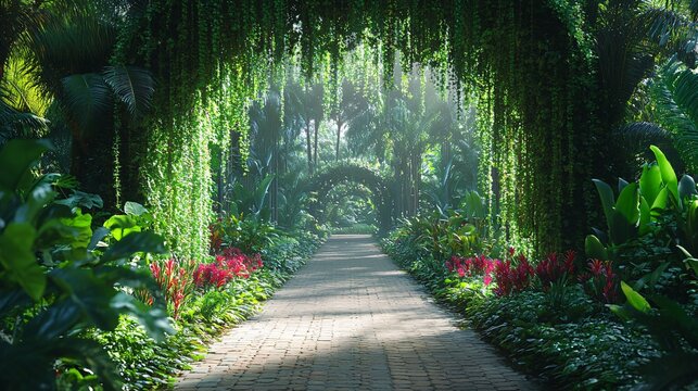 A beautiful stone pathway leads through a lush green garden