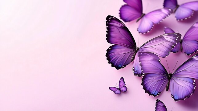 A serene composition of purple butterflies on a pale pink background, ideal for designs related to spring, tranquility, nature themes, and butterfly-related events.