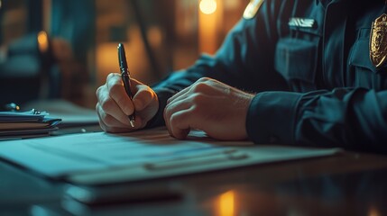  A police officer is writing on paper with a pen, in a cinematic scene