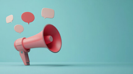 3D render of megaphone with floating speech bubbles on blue background