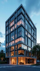 Obraz premium A sleek and contemporary low rise office building with large windows and geometric design, building, low rise, architecture