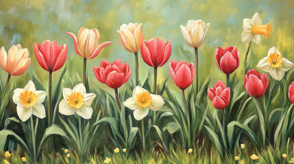 Vibrant spring flowers in a lush garden