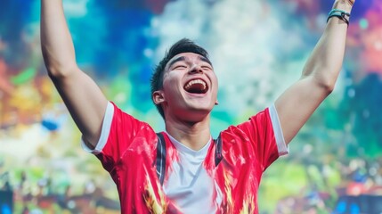 Triumph in Pixels - Excited Gamer Celebrating Victory with Raised Arms in Virtual Game World