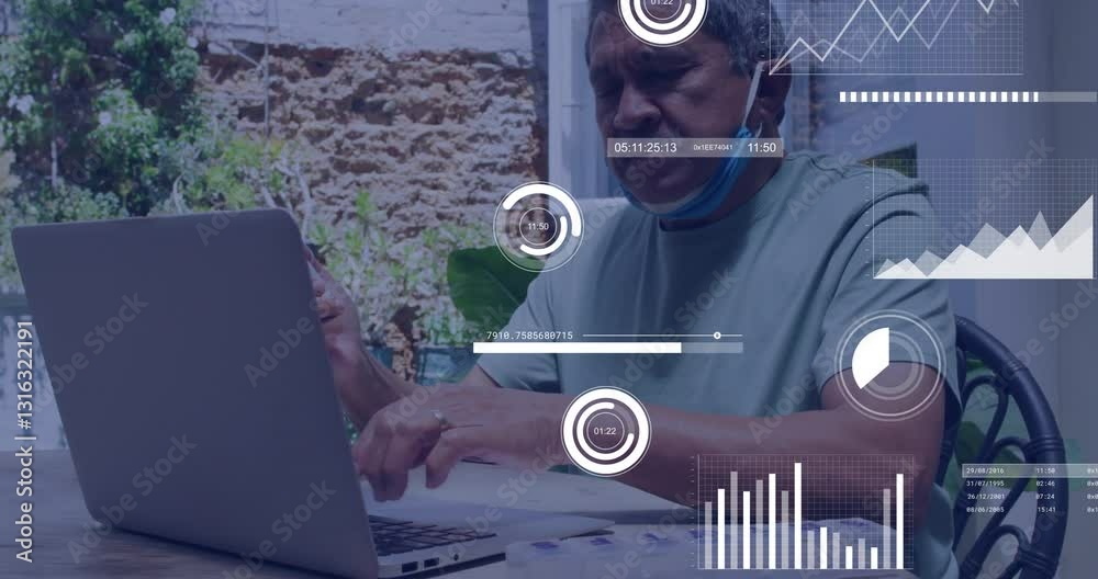Poster using laptop, man analyzing data with animation graphics in outdoor setting