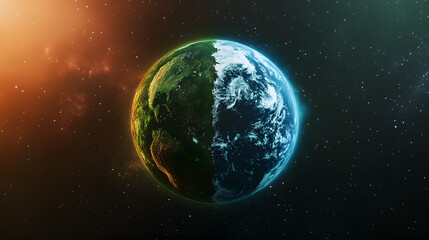 Fototapeta premium The earth is split into two parts, one side is green and fertile, the other side is dry and cracked, in white background