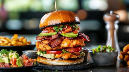 Delicious handcrafted burger with chicken bacon avocado tomato and fresh greens gourmet food concept