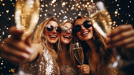 Photo of friends at an elegant party, celebrating the New Year with champagne glasses and glitzy accessories.