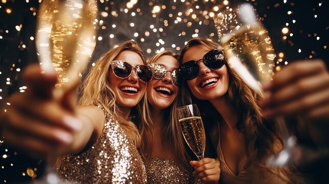 Photo of friends at an elegant party, celebrating the New Year with champagne glasses and glitzy accessories.