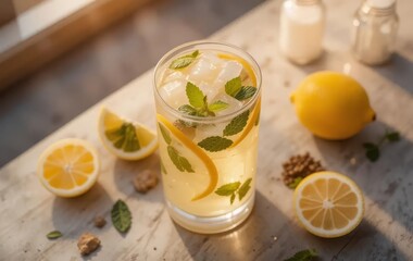 Fototapeta premium A glass pitcher filled with lemonade and garnished with ginger, mint, and lemon slices. The photo is taken from a high angle with warm golden light shining down.