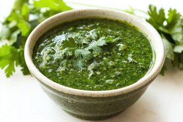Fresh vibrant cilantro chimichurri sauce in rustic bowl culinary delight food photography shot from above
