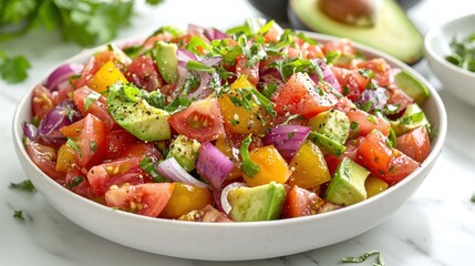 Fresh and vibrant tomato avocado salad with red onion cilantro for healthy eating concept