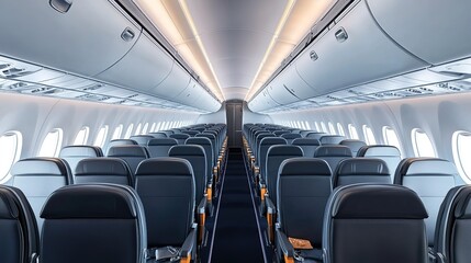 Fototapeta premium Wide shot of an empty airplane cabin with seats and accents, hyper-realistic photography. 